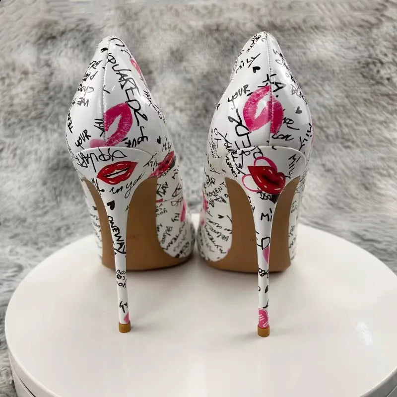 New Fashion White Artistic Graffiti Print Pointed Toe High Heel Shoes 8-12CM Women Sexy Stiletto Party Dress Shoes Plus Size 45