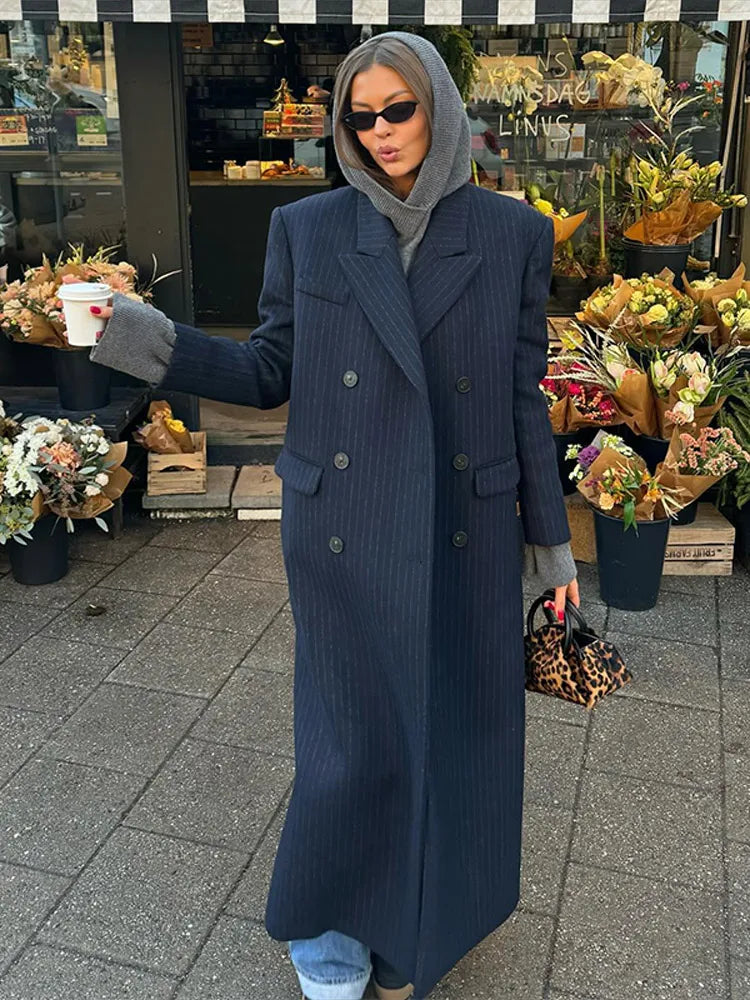 Casual Stripe Long Coat Women's Stylish V-neck Double-breasted Blazer With Shoulder Pad 2025 New Autumn Winter Ladies Outwear