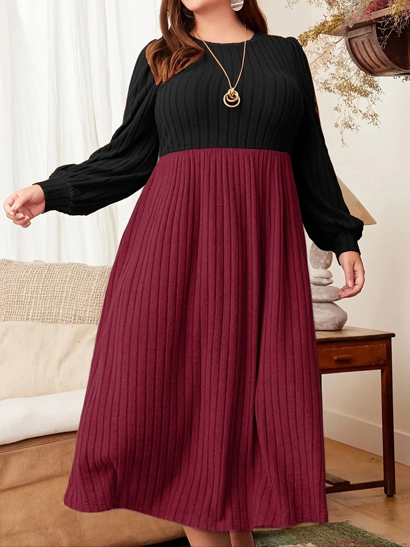 Autumn and winter style large size contrast color stitching long skirt round neck long sleeves slimming and elegant dress