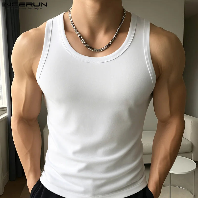 INCERUN Men Tank Tops Solid Color O-neck Sleeveless Casual Male Vests Summer Streetwear 2025 Fashion Skinny Leisure Men Clothing