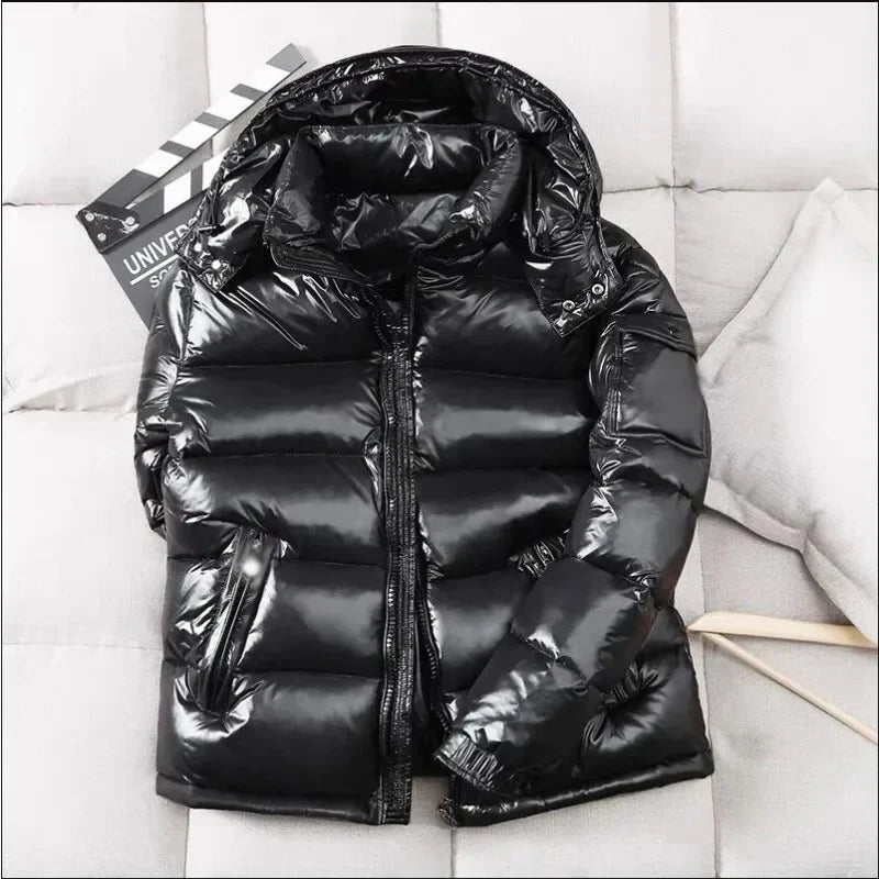 Mens Glossy Parka Casual White Duck Hooded Down Jacket Waterproof Windproof Ski Thick Warm Outwear Men Winter Fashion Shiny Coat