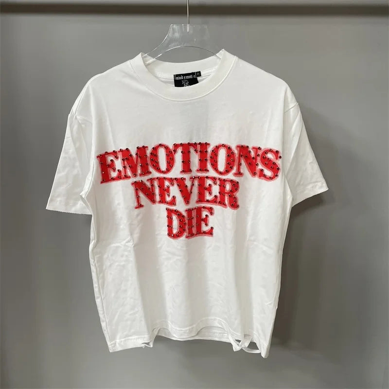 Oversized MIXED EMOTION White T-Shirts Men Women Pure Cotton Casual Red Hot Drill Letters Tshirts