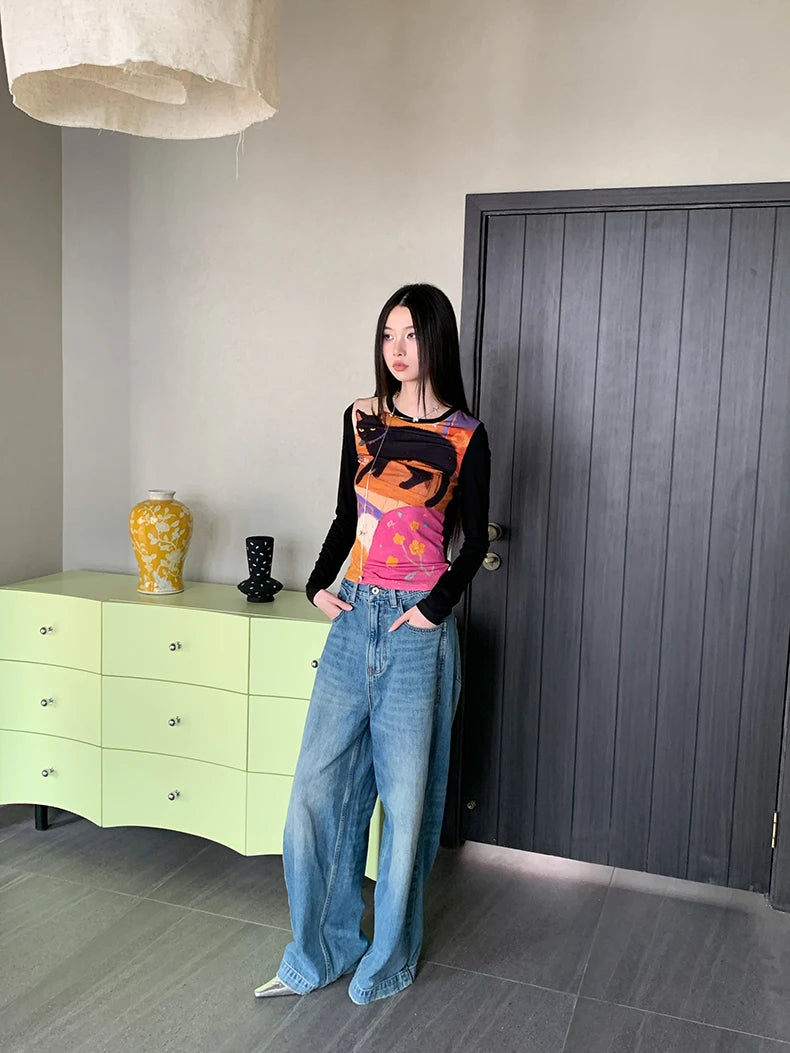 CHEERART Cat Funny Graphic T Shirts Long Sleeve Top For Woman Illustration Print Patchwork Cute Tees Designer Clothes 2025