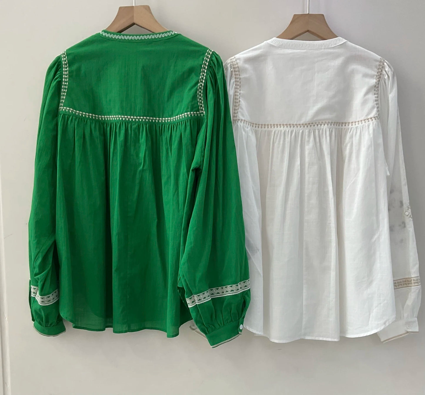 Women White Green Black Shirt Embroidery 100% Cotton Vintage Long Lantern Sleeve Front Buttons Lady O-neck Blouse 2025 Spring