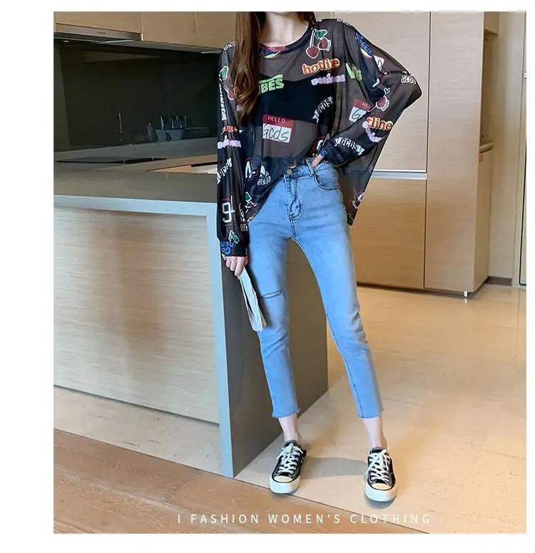 Women Letter Graphic Print Sexy Sheer Mesh Harajuku Y2K T Shirt Summer Trendy Long Sleeve Thin Tees Casual Streetwear Tops Ropa