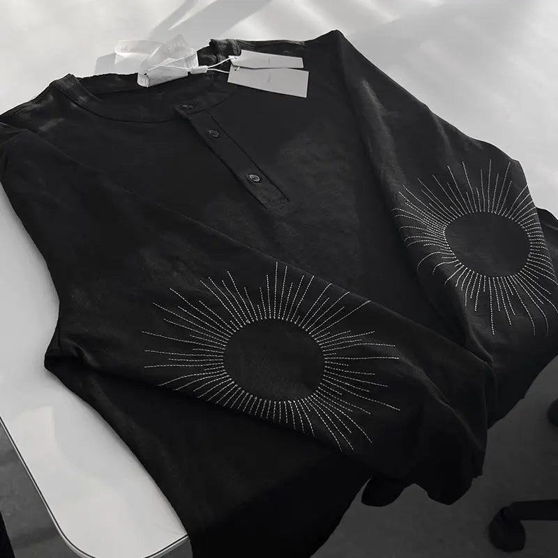 Y2k Women Streetwear Embroidery Grunge Autumn T-shirts Loose Single Breasted Black Tops Aesthetic Casual Style Vintage Tees