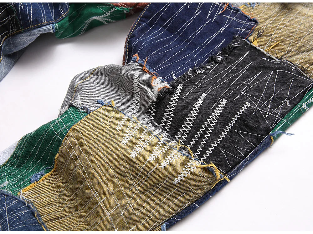 Men Patchwork Denim Jeans Release Hem Colorful Patches Embroidery Pants Non Stretch Cotton Slim Straight Trousers