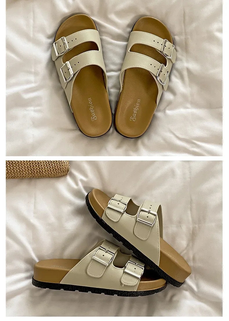 Women's Belted Sandals Roman Style PVC Material Open Toe Metal Decorated Flat Heels Spring Summer Outdoor Wear Fashionable Versa