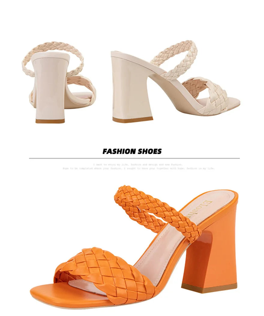 Fashion Weave Thick Heel Women's Slippers Square Toe Summer Casual Ladies Slides Red Orange Shoes Slip On Beach Sexy Pumps Woman