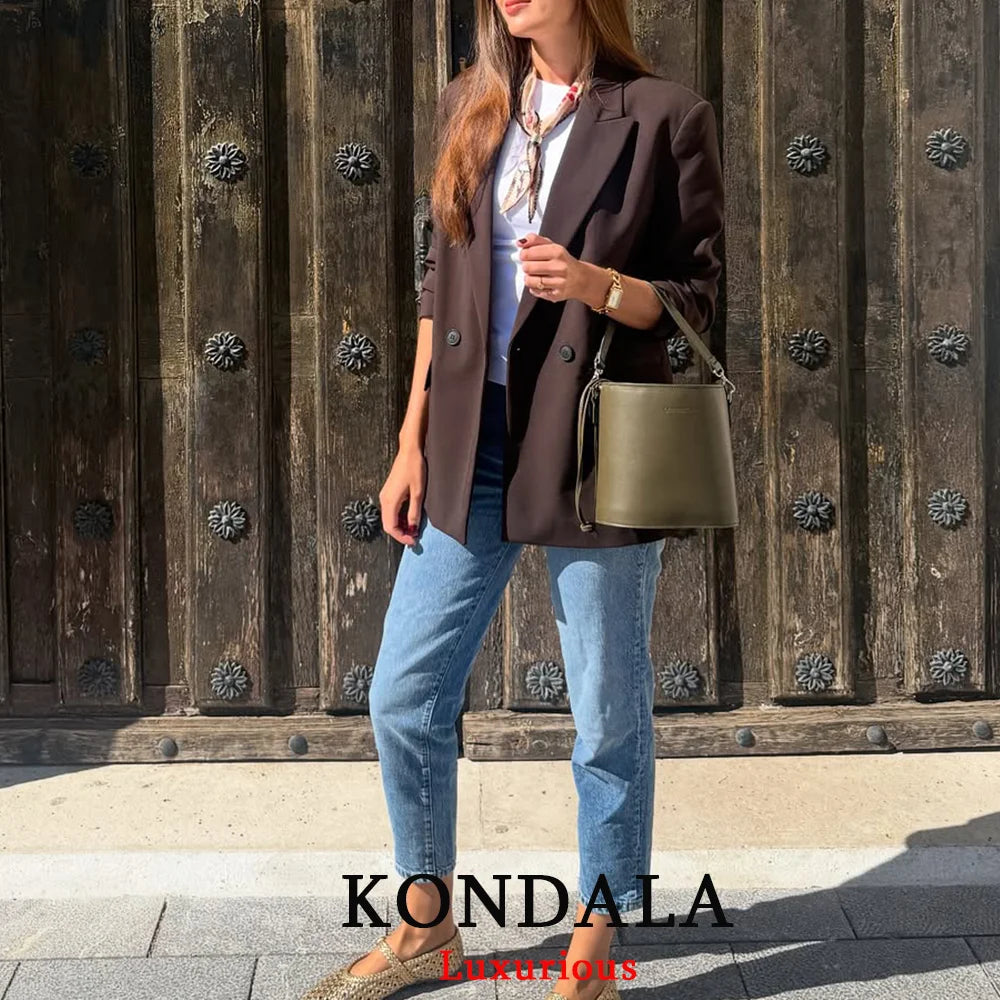 KONDALA Chic Brown Oversized Blazer Women V Neck Double Buttons Loose Blazer Jacket Fashion 2025 Fall Office Lady Casual Outwear