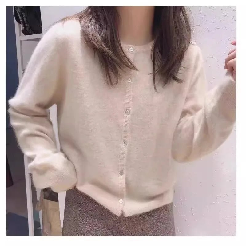 100% pure cashmere cardigan women's new autumn and winter round neck sweater loose Korean knitted sweater short coat
