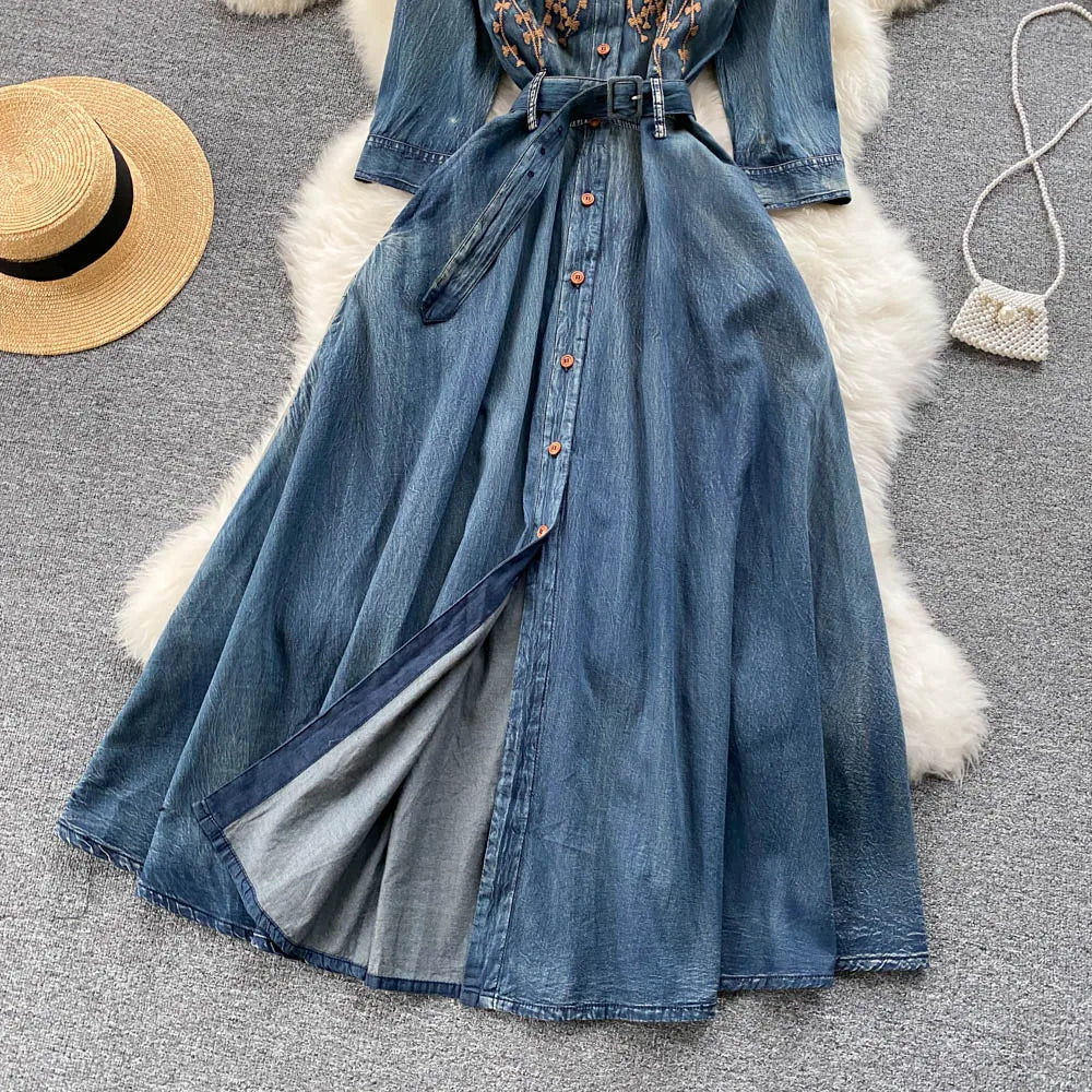 AYUALIN Denim Long Dress for Women Ethnic Floral Embroidery Boho A-line Casual Summer Vestidos Lapel Long Sleeve Dresses Lady