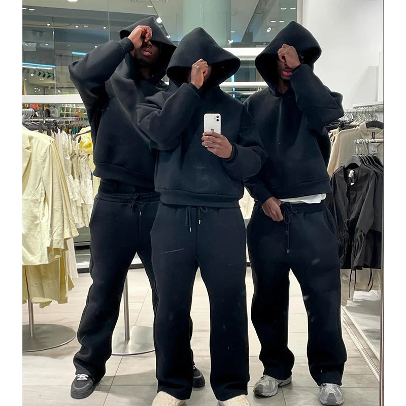 Casual Solid Hooded Pullover Straight Pants 2 Piece Set Tracksuit For Male Fashion Loose Hoodies Sweatshirt Wide Leg Sweatpants