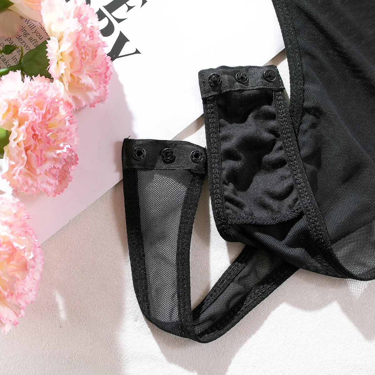 One-piece Bodysuit Women Black Transparent Mesh Patchwork Neck Garter Sexy Bodysuit with Gloves Clubwear Body Femme Jumpsuit