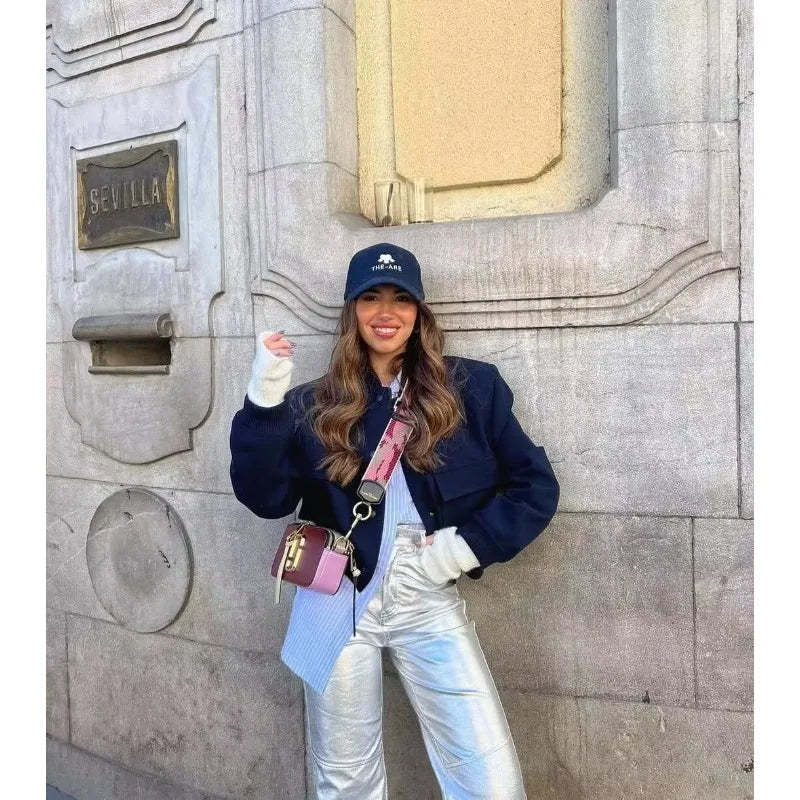 MUJER 2025 Woman Bomber Jacket White Autumn Winter Button Cropped Jackets for Women Fashion Long Sleeve Women Coats Outerwears