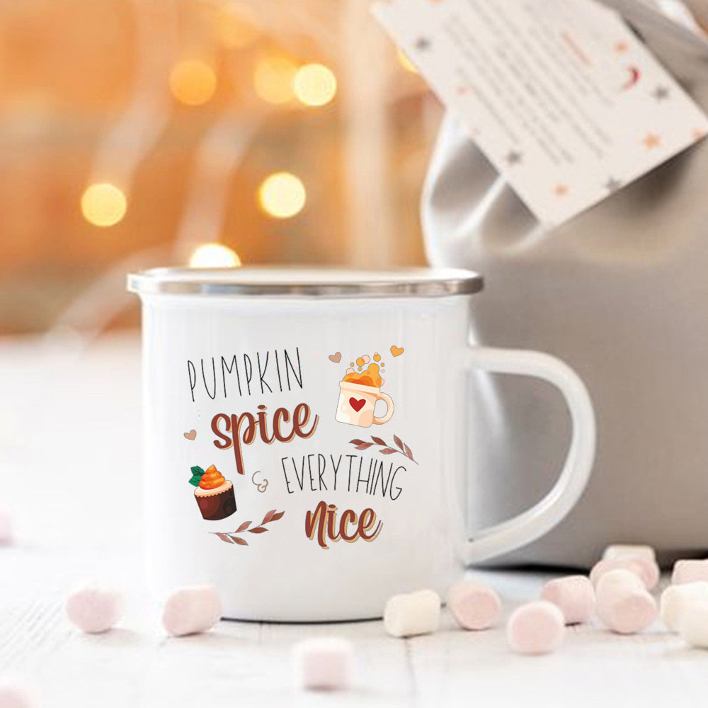 Pumpkin Spice and Everything Nice Enamel Mug Halloween Camping Mug Autumn Home Decor Fall Coffee Mug Festive Gifts for Kids