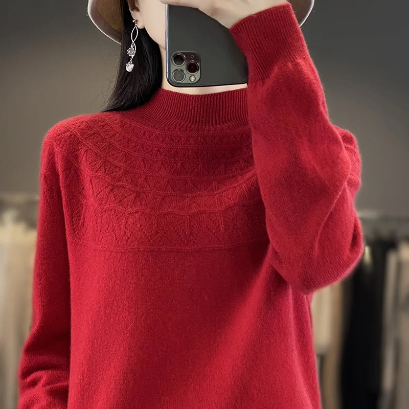 2024 New Line Of Garment Hollowed Out Half Height Women's High-grade Woolen Sweater 100% Pure Wool Multi-color Option WQ