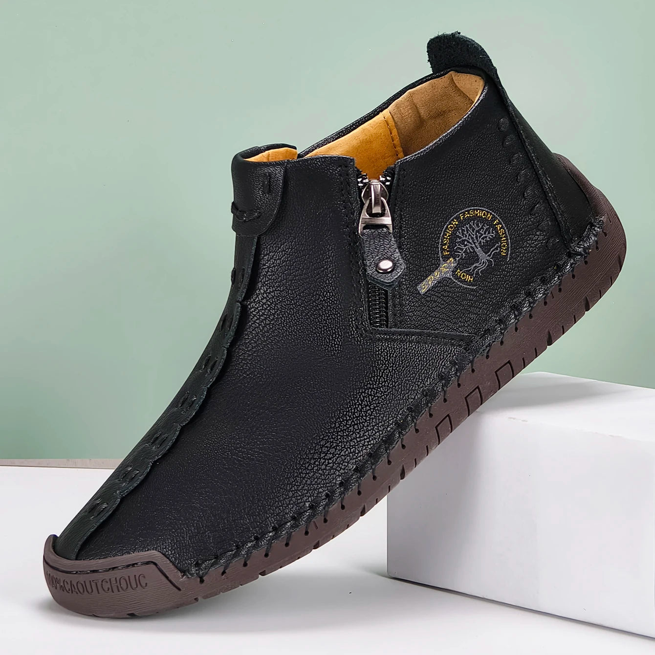 New Classic Handmade Leather Men Shoes Zipper Design Outdoor Sneakers Slip On Casual Shoes Leather Breathable Men Ankle Boots
