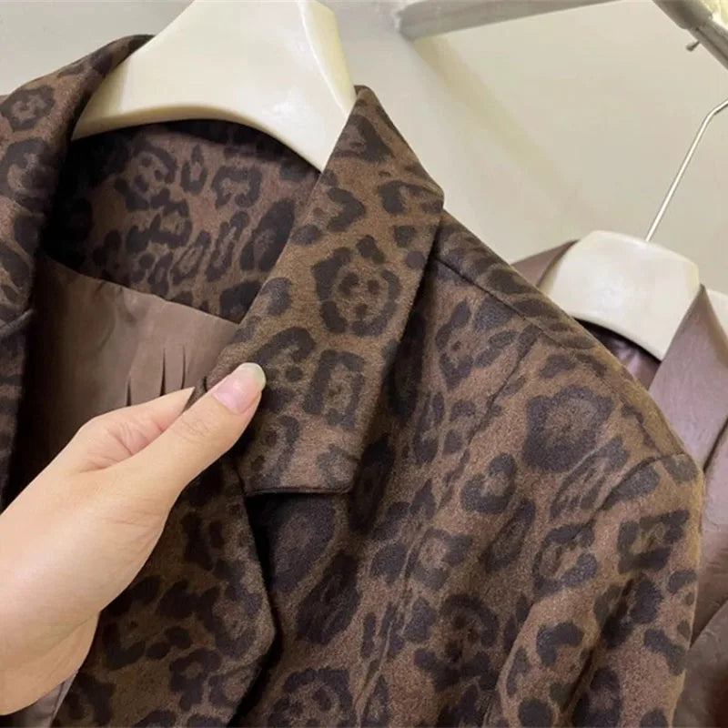 2025 Spring Autumn New Korean Fashion Leopard Print Blazer Women Long Sleeve Suit Coat Female Casual Office Outwear Ladies Tops