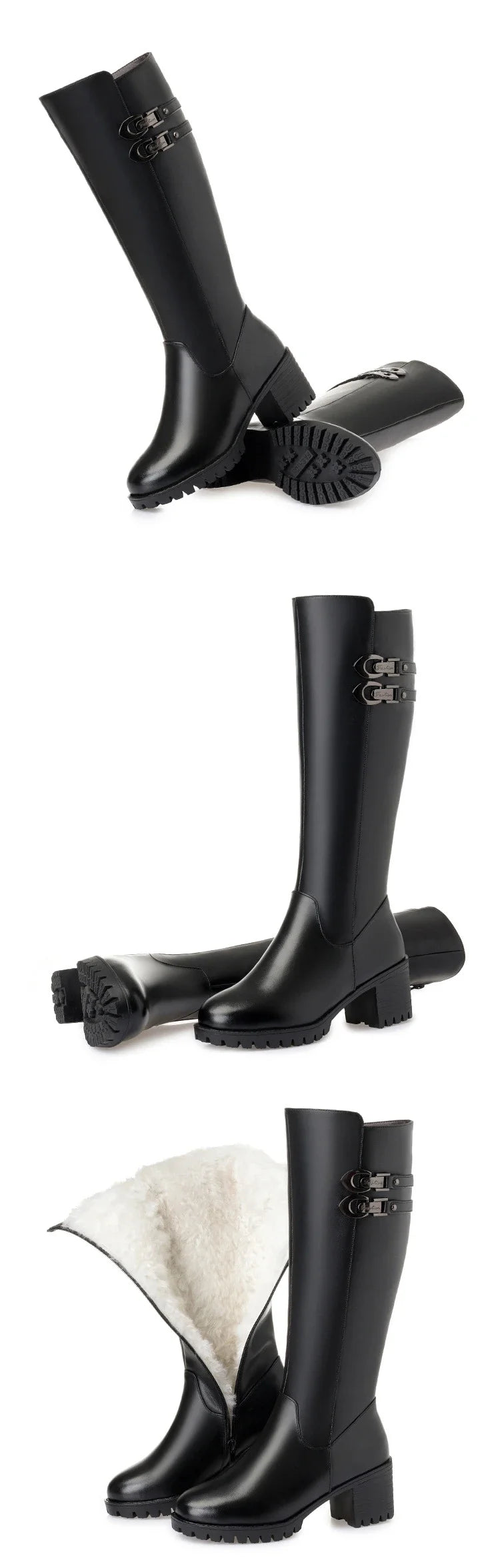 Big Size 35-43 Winter Boots Women Wool Warm Thick Heel Knee High Boots Genuine Leather Round Toe High Heel Women Boots