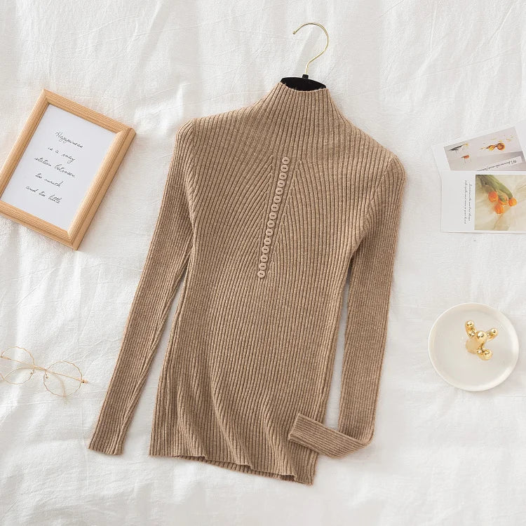 Women Turtleneck Pullovers Autumn Winter Jumper Knitted Basic Top Fashion Solid Color with Button Long Sleeve Ladies Sweater