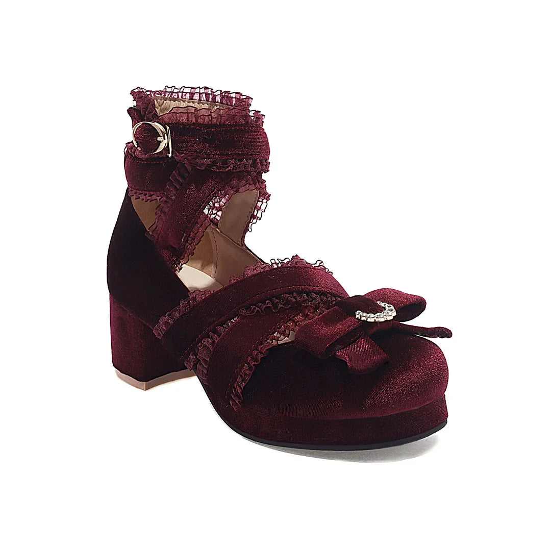 JK Fairy Lolita Shoes Flock Gold Velvet Bow Platform Mary Jane Cross Strap Pumps Gladiator Cosplay Party Red Green Black