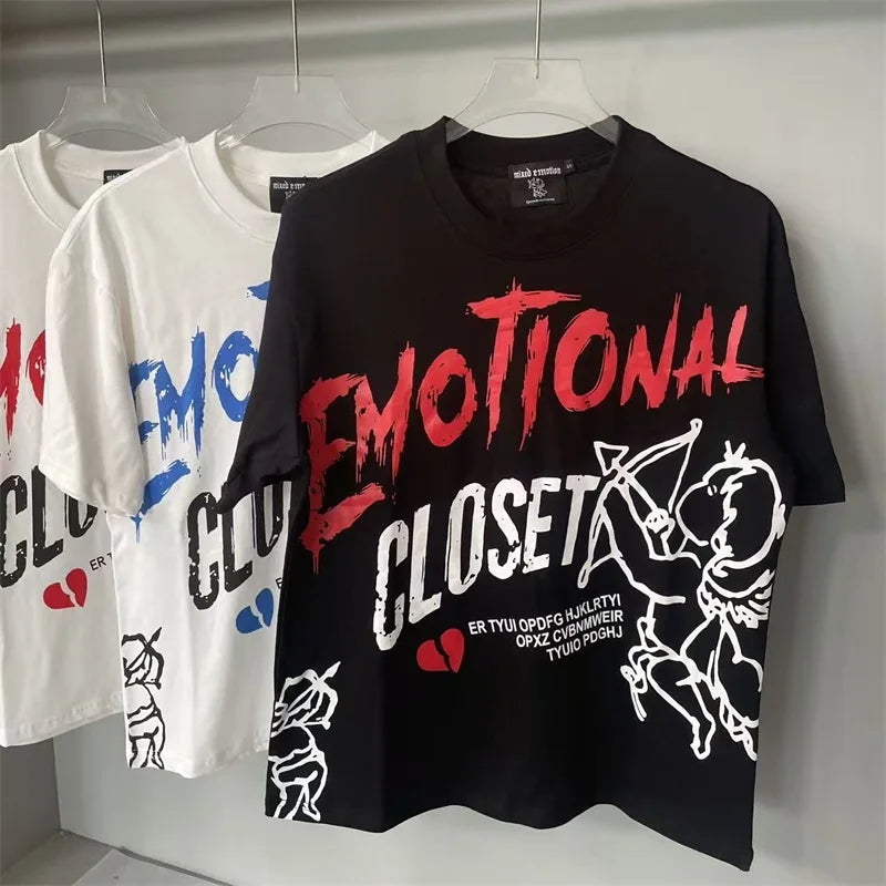 Oversized MIXED EMOTION White T-Shirts Men Women Pure Cotton Casual Red Hot Drill Letters Tshirts