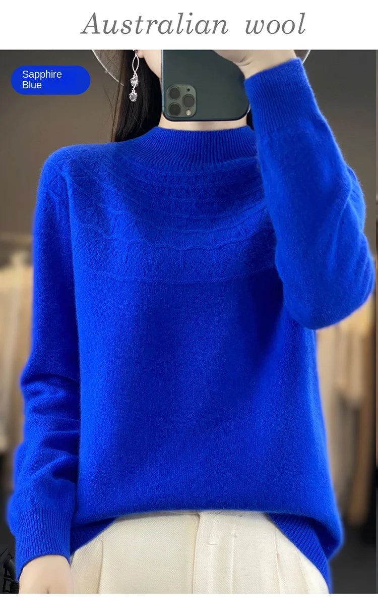 2024 New Line Of Garment Hollowed Out Half Height Women's High-grade Woolen Sweater 100% Pure Wool Multi-color Option WQ