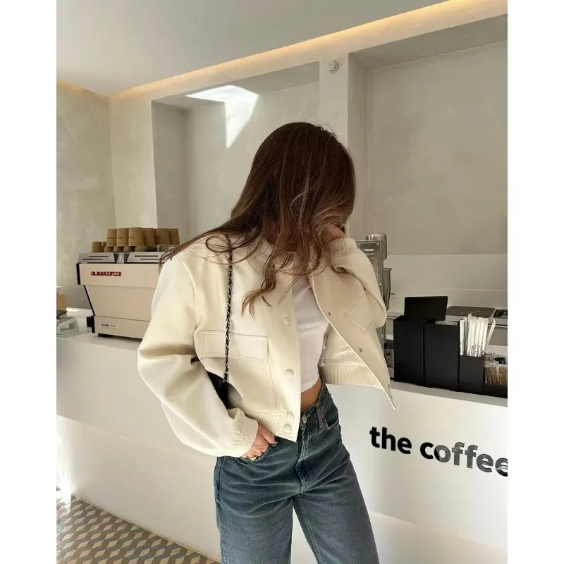 MUJER 2025 Woman Bomber Jacket White Autumn Winter Button Cropped Jackets for Women Fashion Long Sleeve Women Coats Outerwears