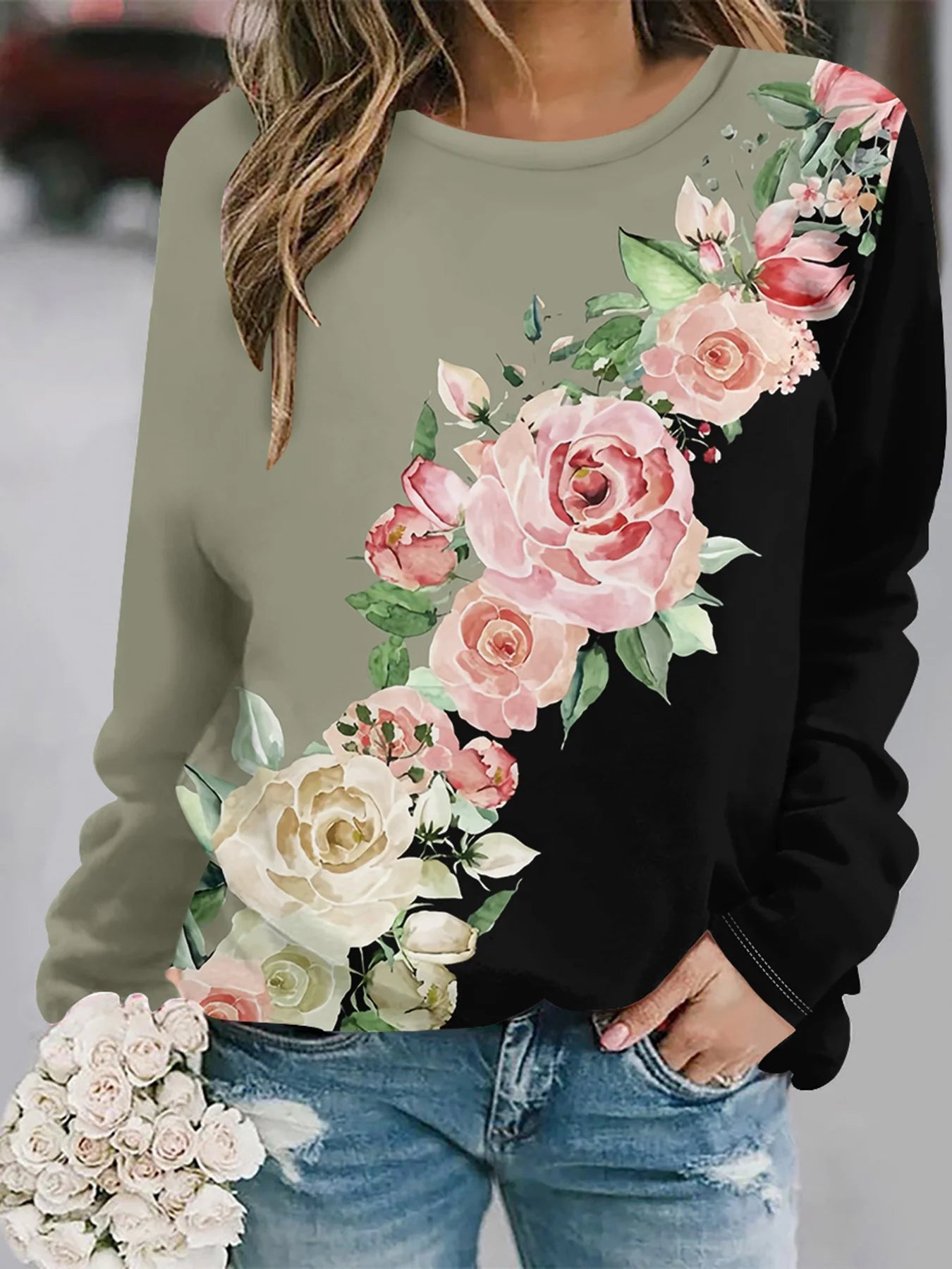 2025 Autumn and winter new fashion round neck long sleeve printed elegant casual loose hoodie