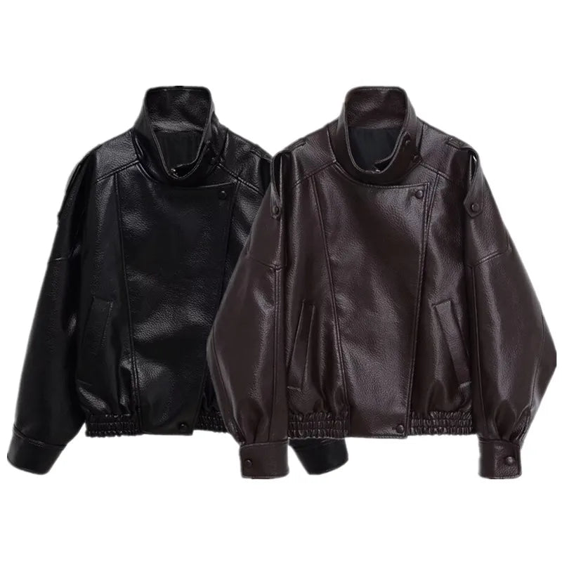 Loose Design Women's Leather Jaet Lychee Pattern ort Outerwear Autumn New Sle European Sle Ladies Faion 2025