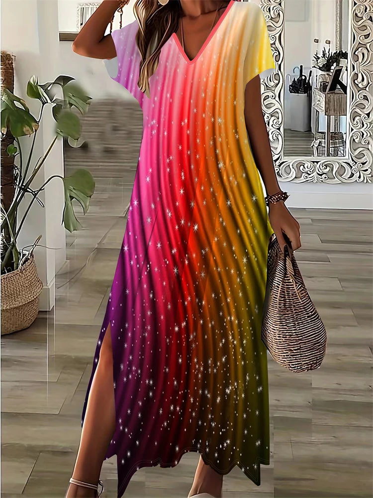 New 2025 Summer Women's Dresses Patchwork Geometric Printing Casual Temperament Dresses Fashion Beach Short Sleeve Dresses