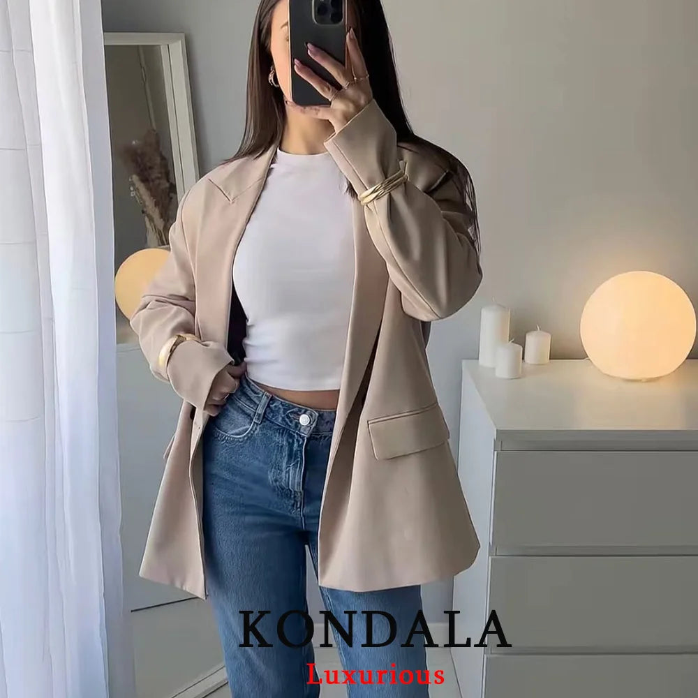 KONDALA Chic Brown Oversized Blazer Women V Neck Double Buttons Loose Blazer Jacket Fashion 2025 Fall Office Lady Casual Outwear