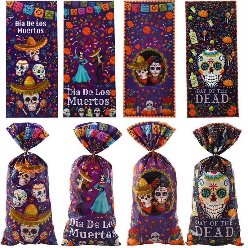 50Pcs Mexican Day of The Dead Theme Candy Cookie Bags Skull Opp Gift Packing Bags for Birthday Halloween Party Decoration