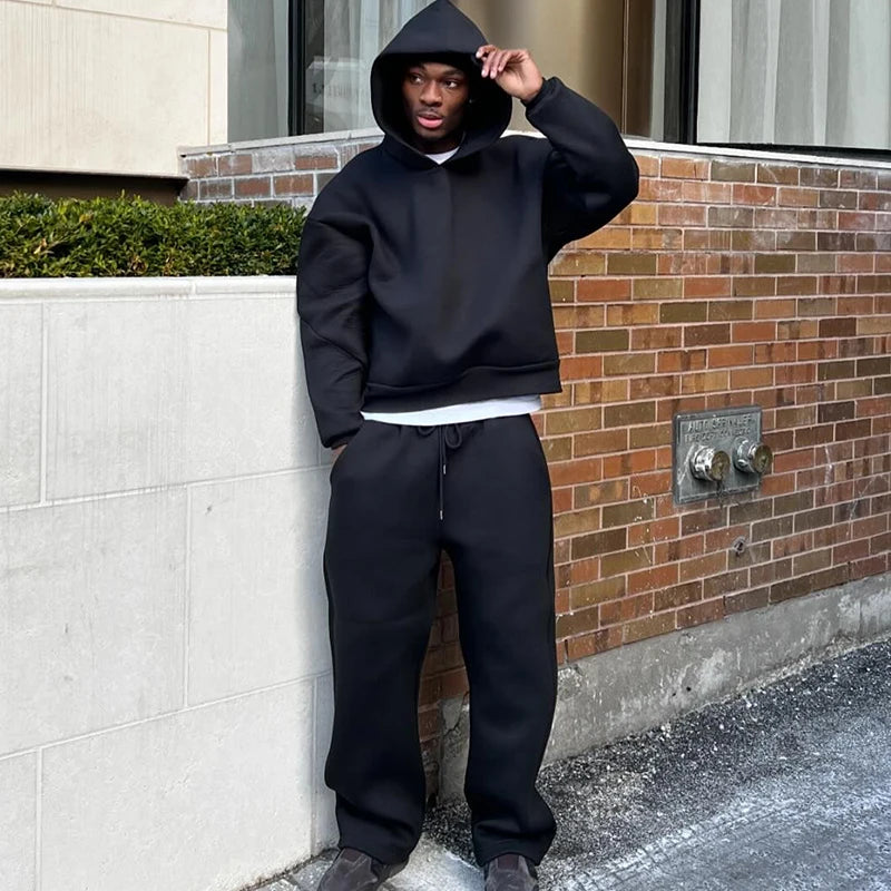 Casual Solid Hooded Pullover Straight Pants 2 Piece Set Tracksuit For Male Fashion Loose Hoodies Sweatshirt Wide Leg Sweatpants