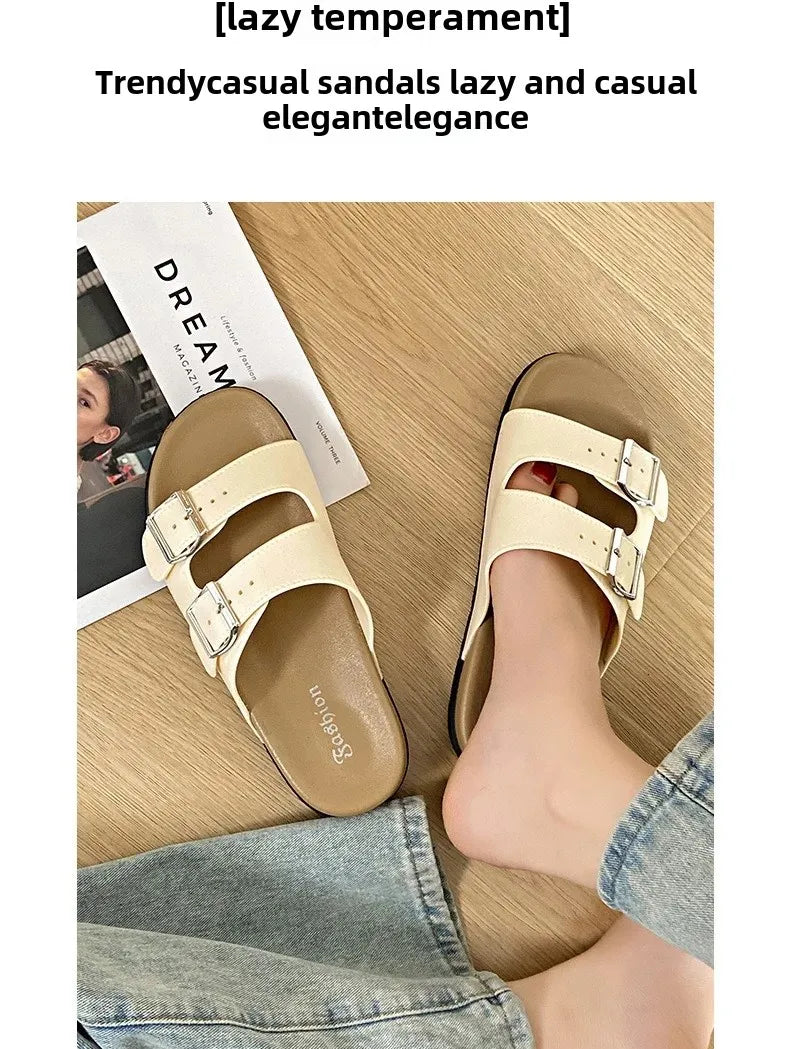 Women's Belted Sandals Roman Style PVC Material Open Toe Metal Decorated Flat Heels Spring Summer Outdoor Wear Fashionable Versa