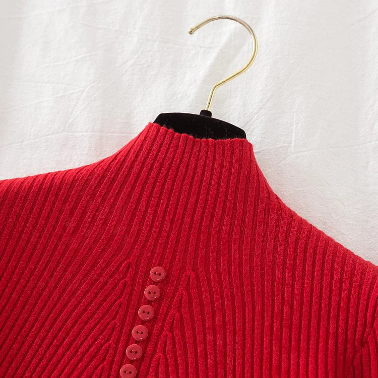 Women Turtleneck Pullovers Autumn Winter Jumper Knitted Basic Top Fashion Solid Color with Button Long Sleeve Ladies Sweater