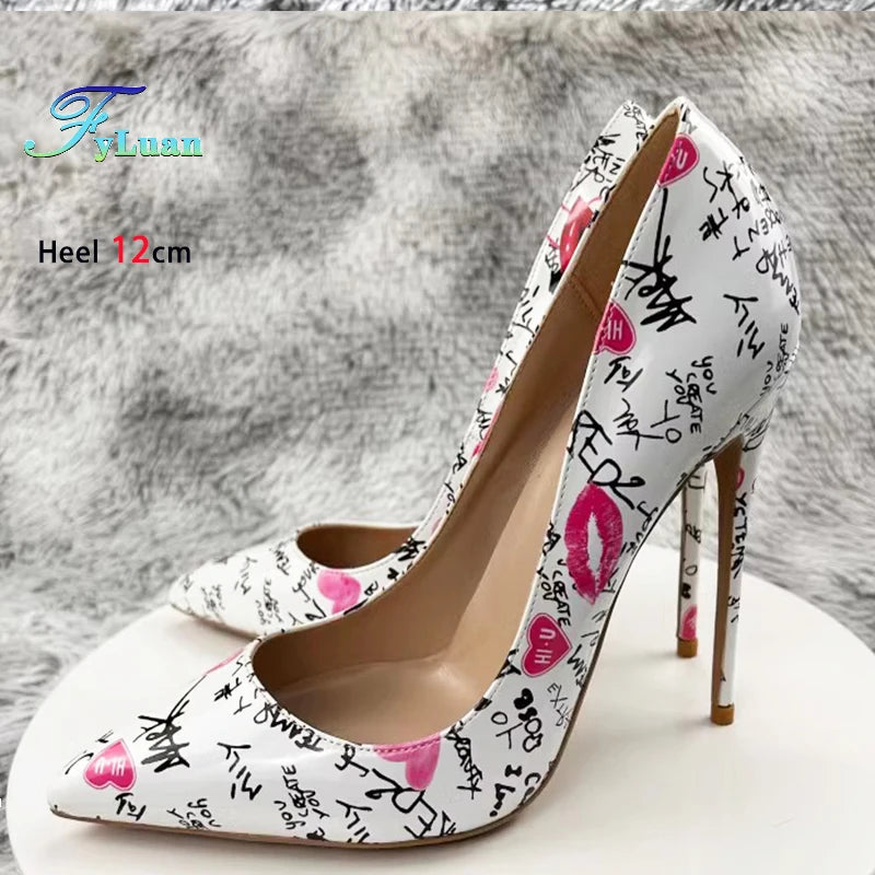 New Fashion White Artistic Graffiti Print Pointed Toe High Heel Shoes 8-12CM Women Sexy Stiletto Party Dress Shoes Plus Size 45