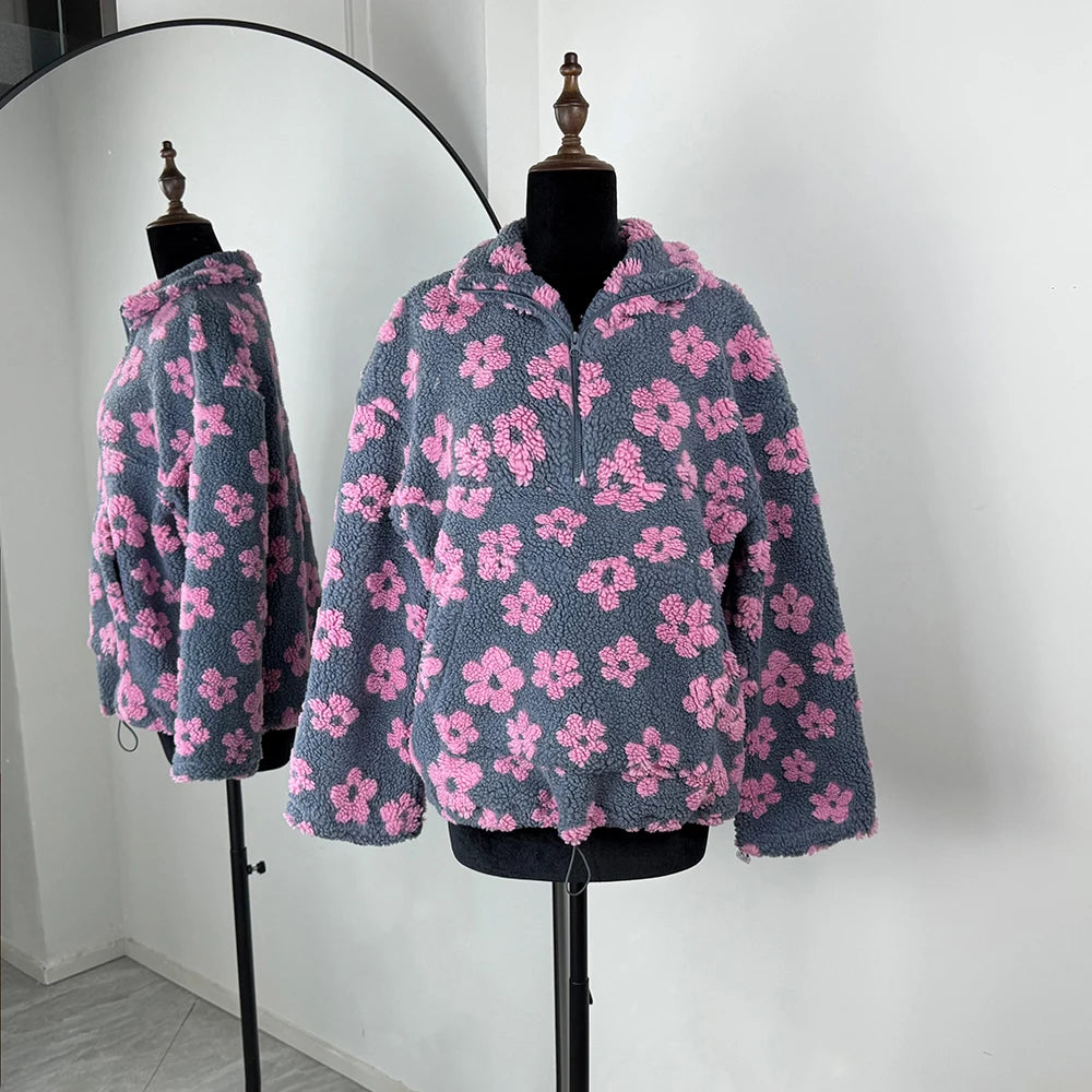 Talenza Fashion Print Pullover Contrast Oversized Zipper Knit Long-Sleeve Top Casual Warm Office Wear Vintage Women Sweatshirts