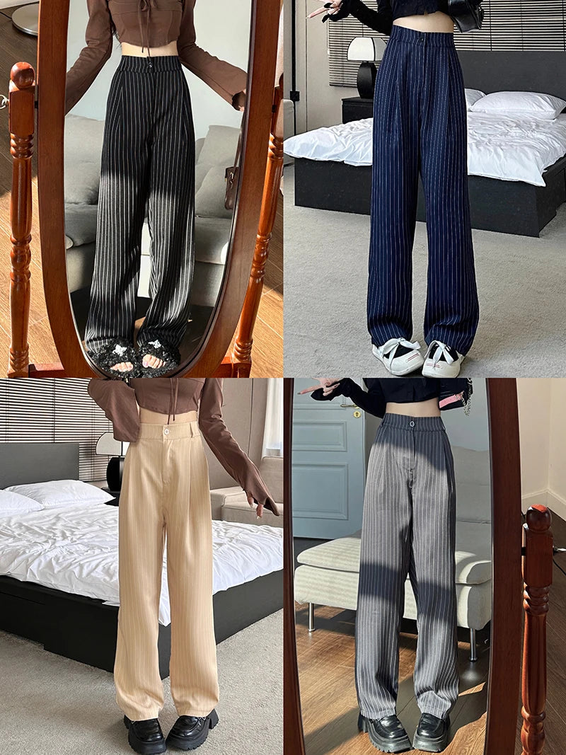 Slimming High Waist Trousers Women's Loose Striped Wide Leg Pants Korean Sle Commute Faion plus Size Long Trousers