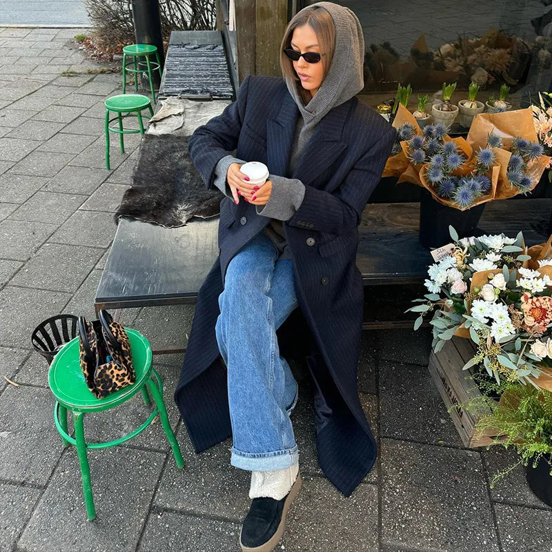 Casual Stripe Long Coat Women's Stylish V-neck Double-breasted Blazer With Shoulder Pad 2025 New Autumn Winter Ladies Outwear