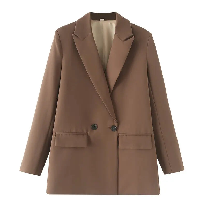 New Women's Double-Breasted Suit Jaet Casual Top 2 Colors Commute Sle Straight Cut Polyester Long Sve Pure Color
