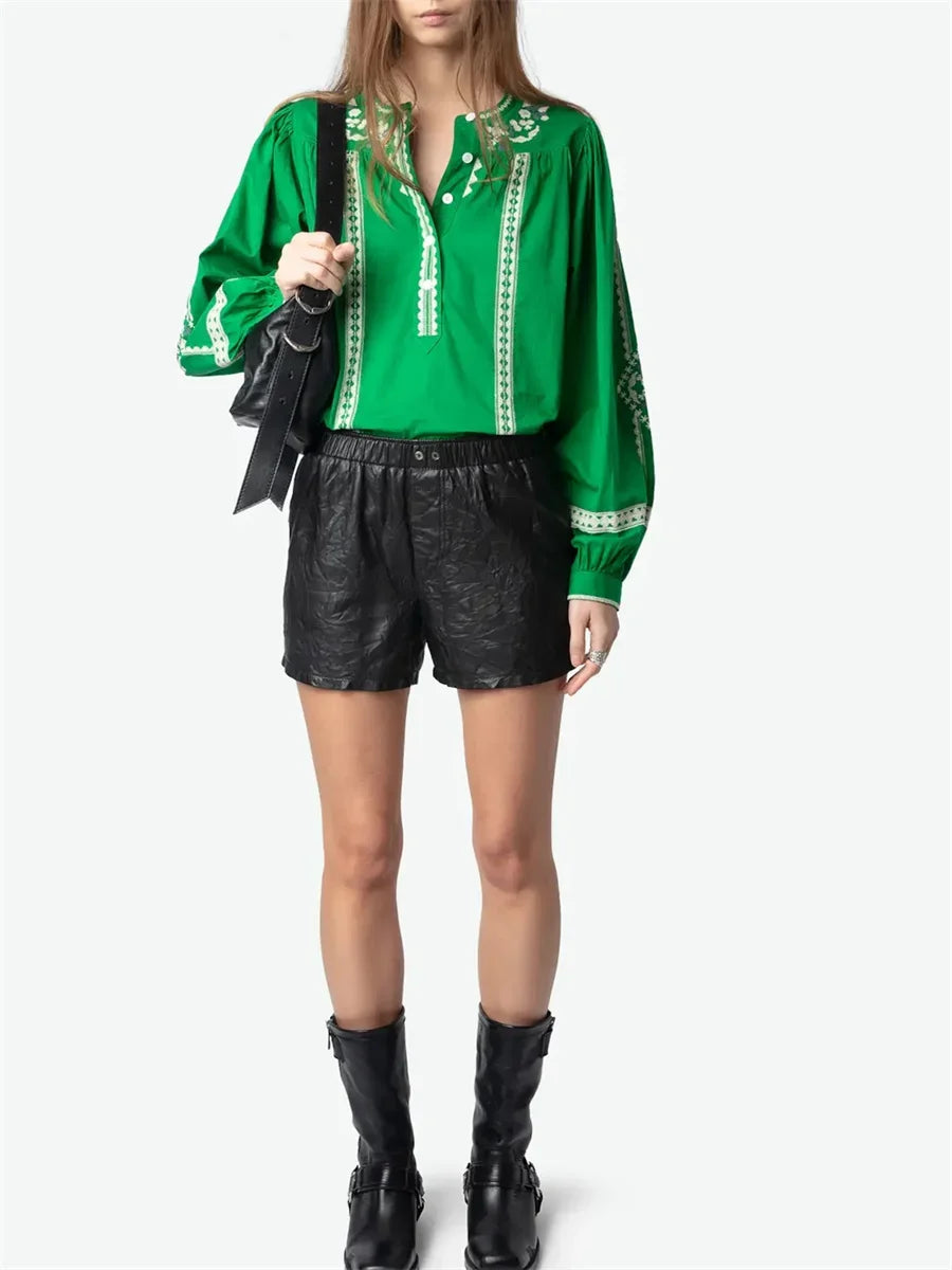 Women White Green Black Shirt Embroidery 100% Cotton Vintage Long Lantern Sleeve Front Buttons Lady O-neck Blouse 2025 Spring