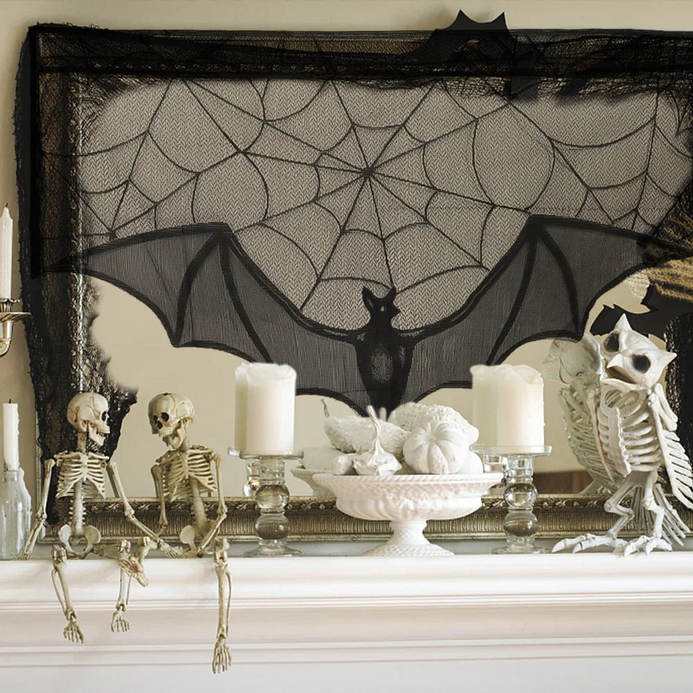Hallowen Bat Spider Web Table Runner Door Curtain Lace Cobweb Fireplace Cover Lampshade Perfect for Gothic Halloween Decoration