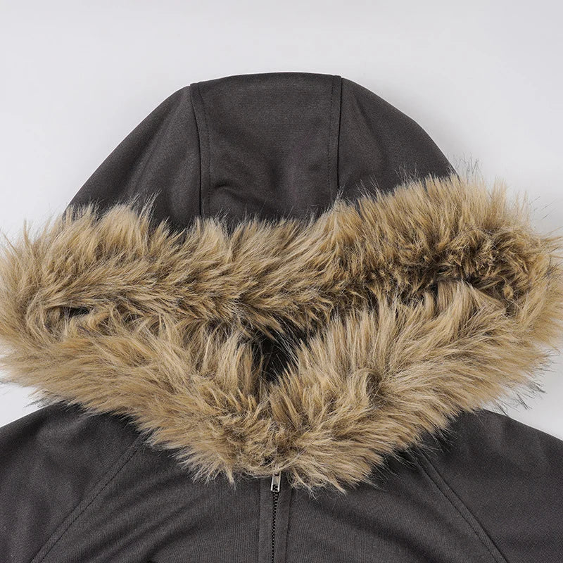 Fashion Solid Feather Hooded Short Jacket Women Zipper Pockets Full Sleeve Waist-closed Coat 2025 Autumn Lady New Street Outwear