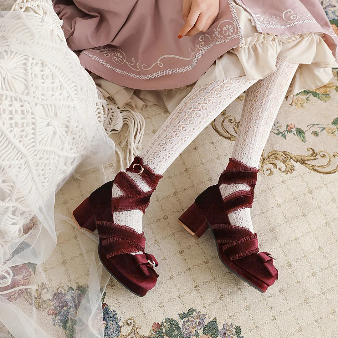 JK Fairy Lolita Shoes Flock Gold Velvet Bow Platform Mary Jane Cross Strap Pumps Gladiator Cosplay Party Red Green Black