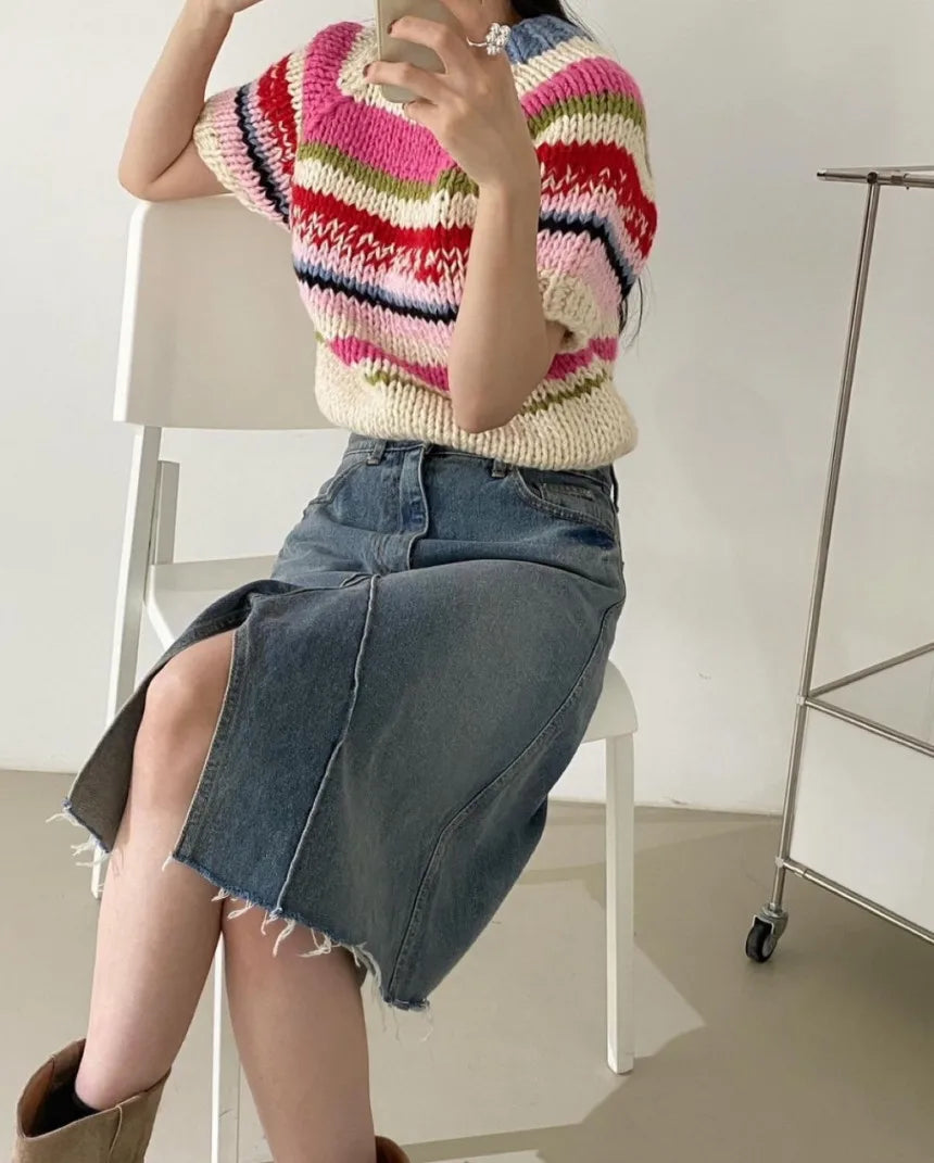 Chic Vintage Heavyweight Knitted Loose ort Sve Striped Sweater for Women Summer Collection oulder Sve