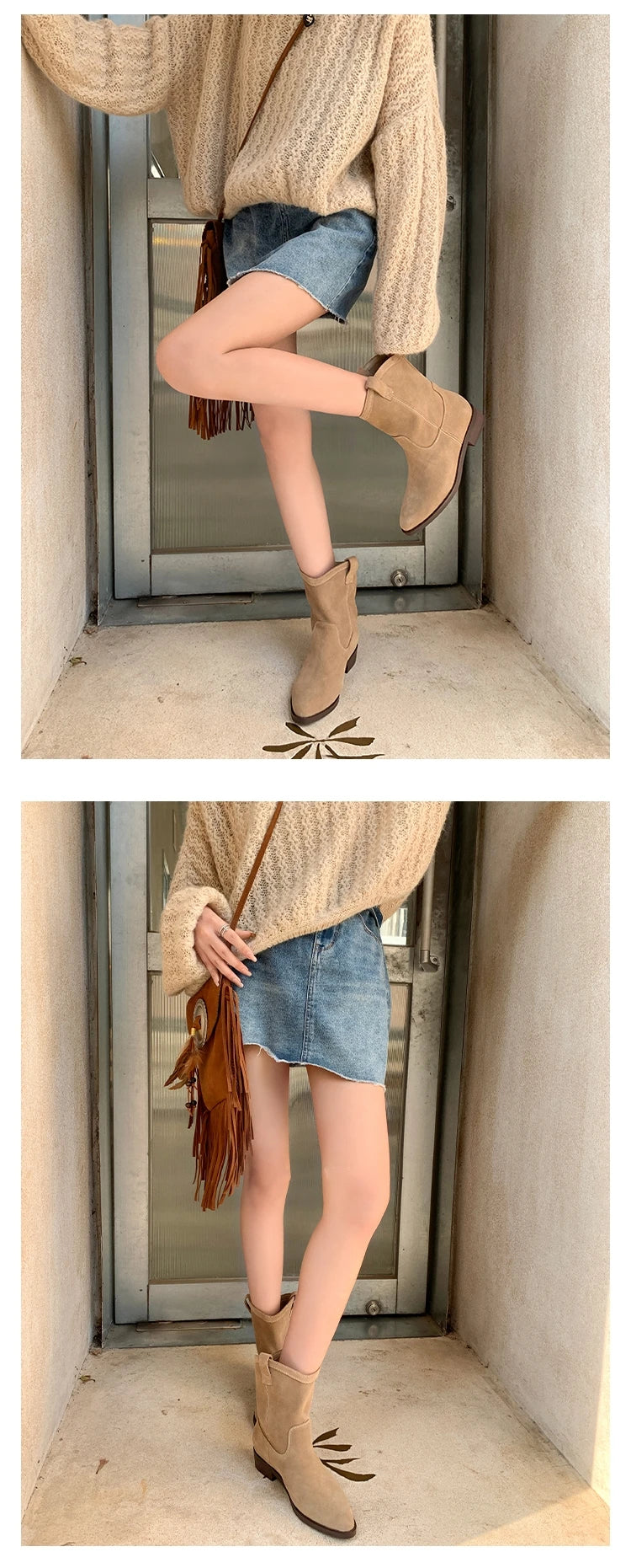 Genuine Leather Western Cowboy Boots Women's Boots arp Toe Chunky Heel Autumn Winter Knight Sle Faion Boots