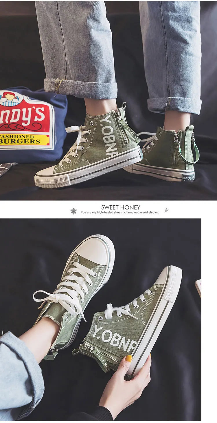 Fashion Purple Womens Canvas Shoes Spring and Autumn High Top Woman Shoes Zipper Breathable Canvas Sneakers Women Vulcanize Shoe