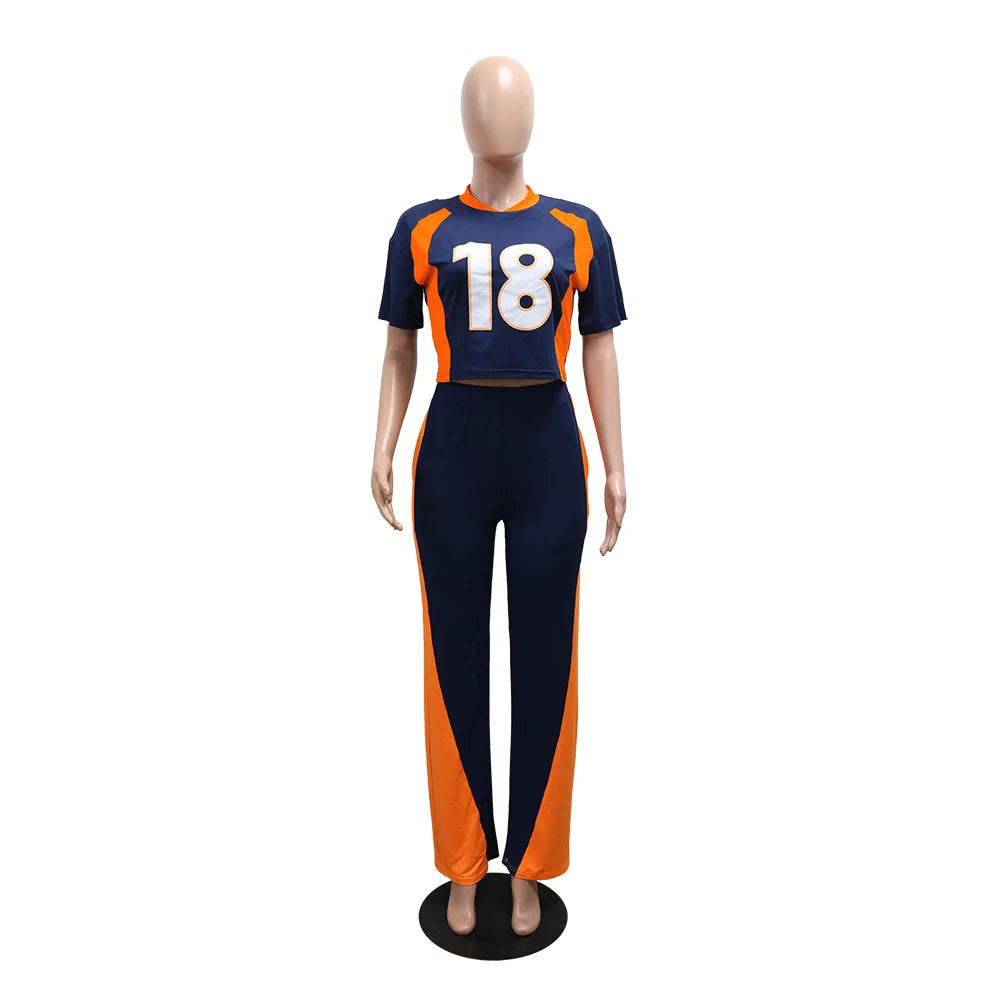 Contrast Color Jersey Tracksuit Set Women Streetwear Short Sleeve Sweatshirt Top and Pants Suit 2025 Chic 2 Piece Sets Outfits